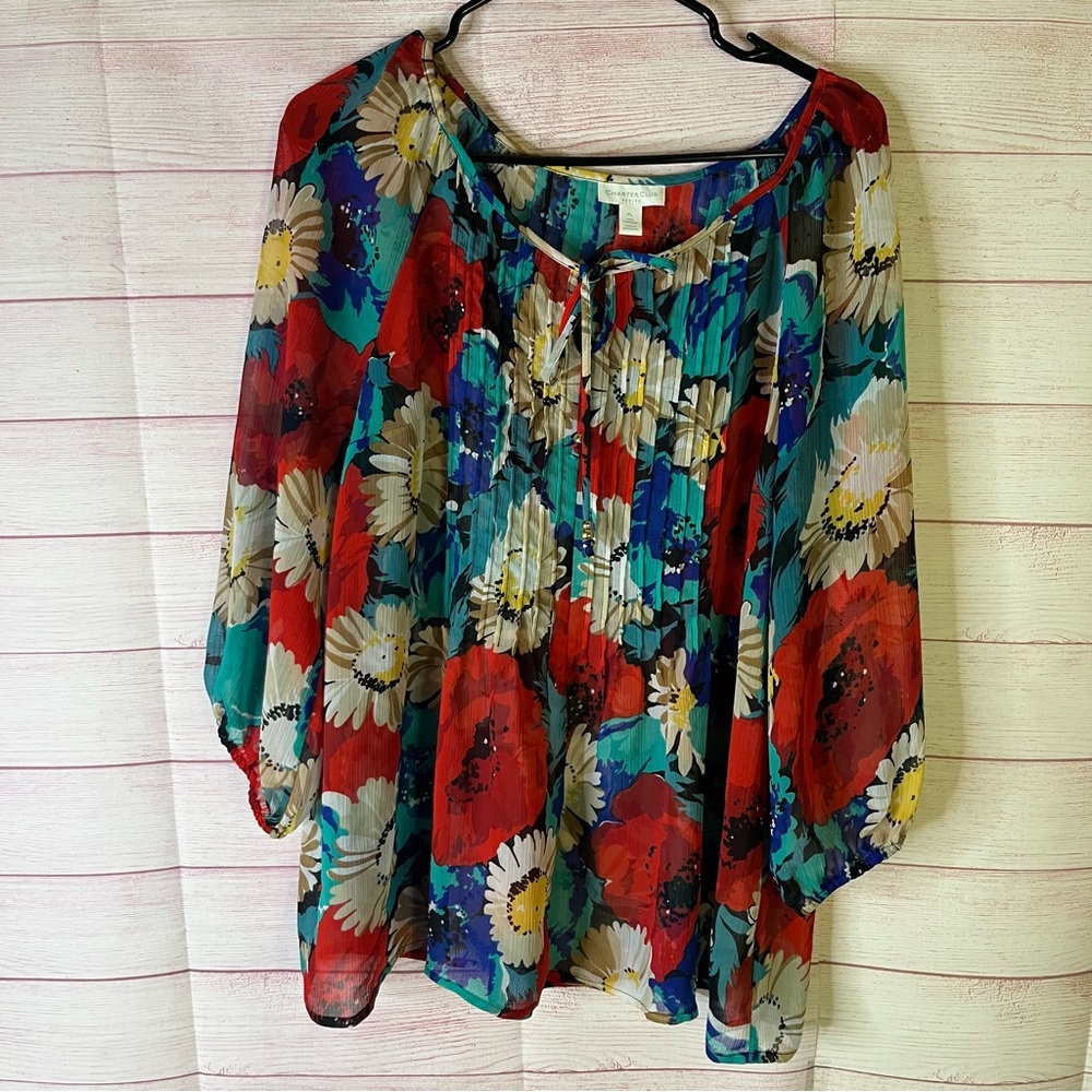 Charter Club Sheer Red Floral Pintuck Pleat 3/4 Sleeve Tie Neck Blouse Size PL